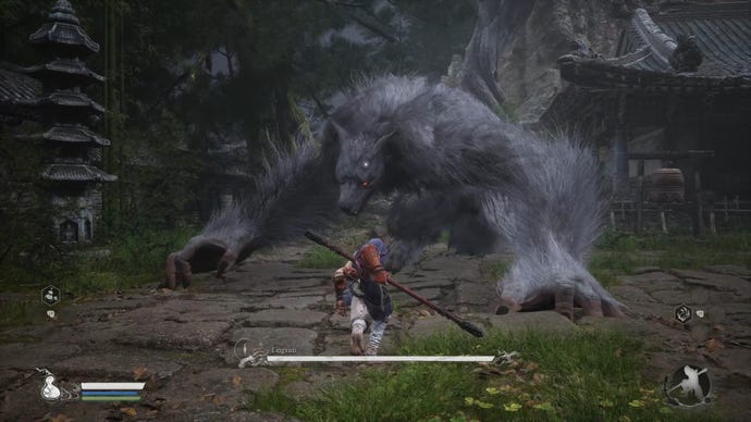 The player in Black Myth: Wukong fights Linxuzi, a giant wolf boss in Chapter 1.