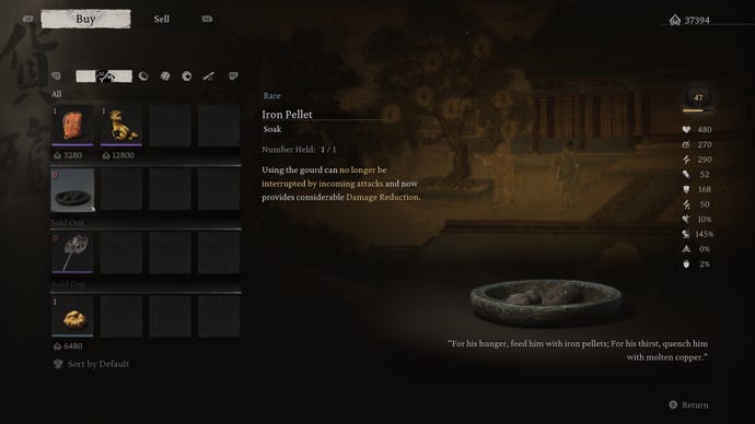 A screenshot of the Man-In-Stone’s shop in Black Myth: Wukong, with the items for sale listed on the left-hand side of the screen.