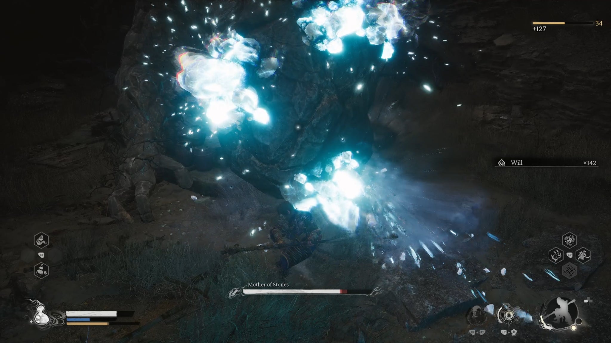 The player in Black Myth: Wukong fights the Mother Of Stones boss in a cave. - 12