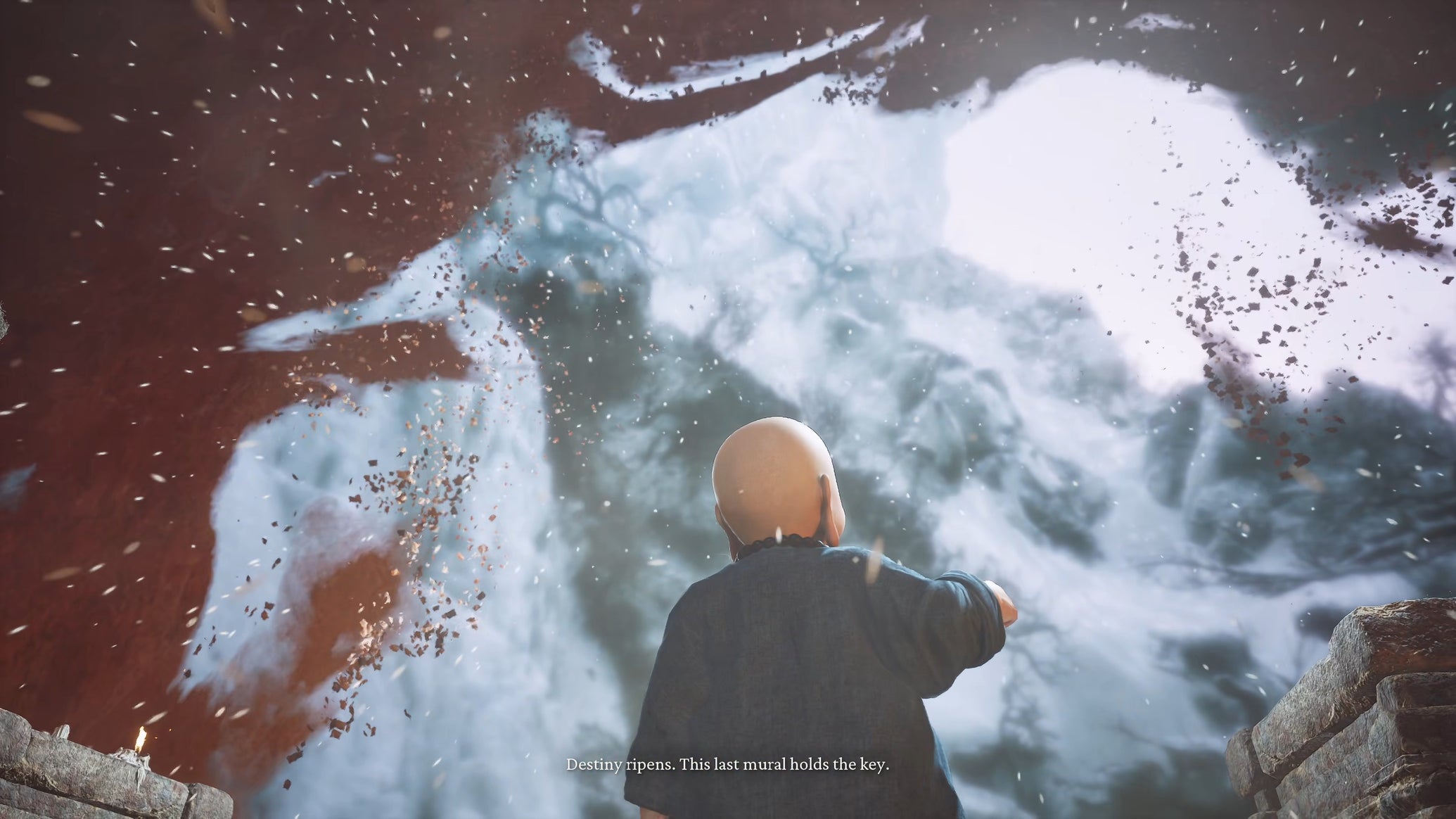 Maitreya, a key NPC in Black Myth: Wukong, reveals a passage to the secret snow-covered area of Mount Mei behind a mural in the Great Pagoda. - 1