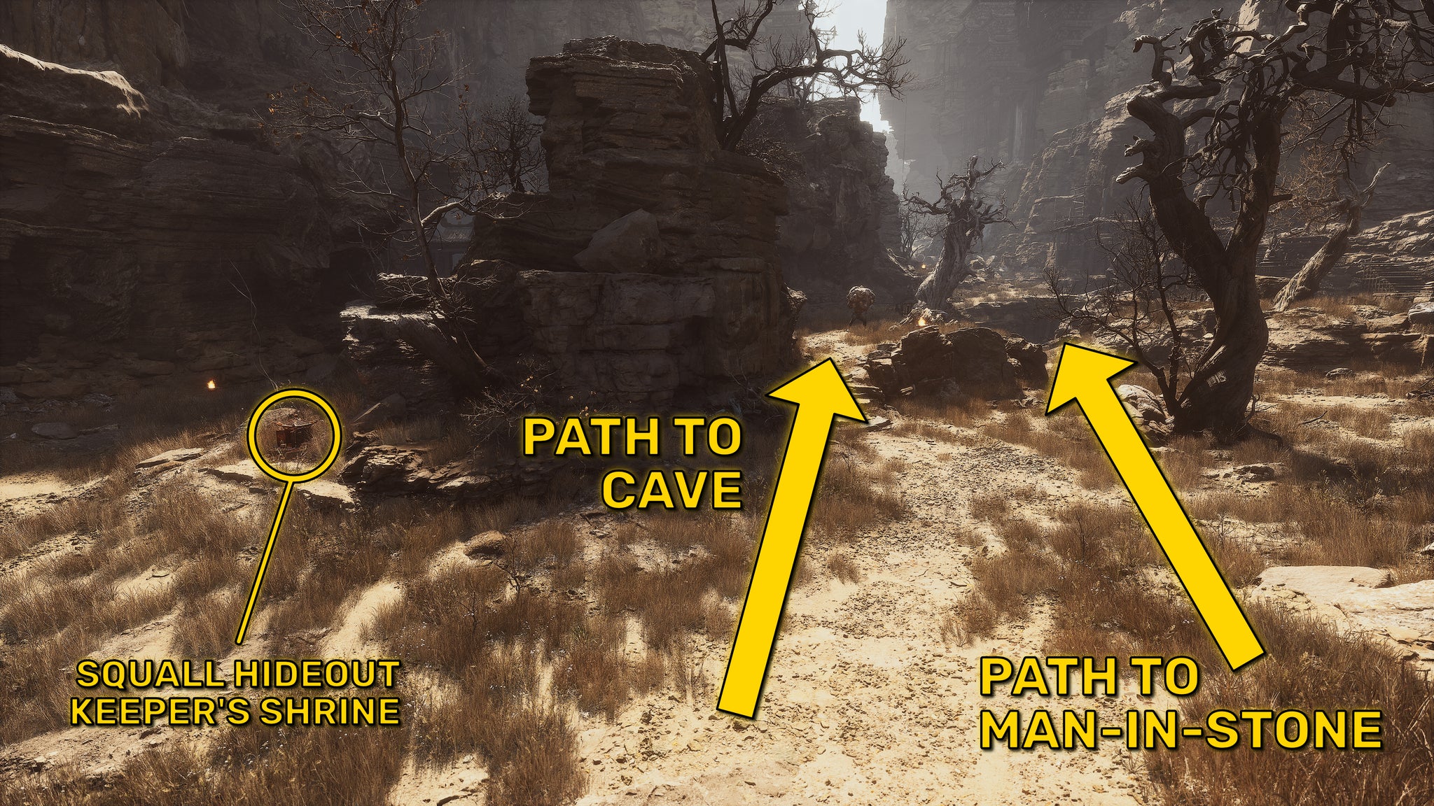 A screenshot of the landscape in the Fright Cliffs in Black Myth Wukong, with arrows pointing to the locations of the Man-In-Stone and the nearby cave. - 8