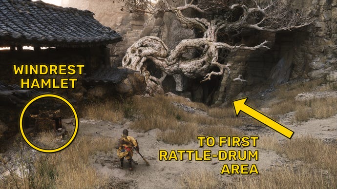The player in Black Myth: Wukong follows the path towards the first area where the Old Rattle-Drum can be sounded.