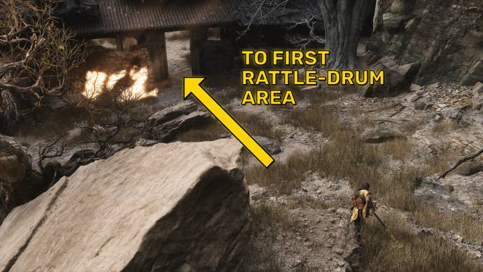 The player in Black Myth: Wukong follows the path towards the first area where the Old Rattle-Drum can be sounded.