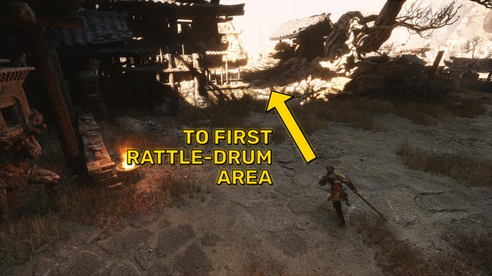 The player in Black Myth: Wukong follows the path towards the first area where the Old Rattle-Drum can be sounded.