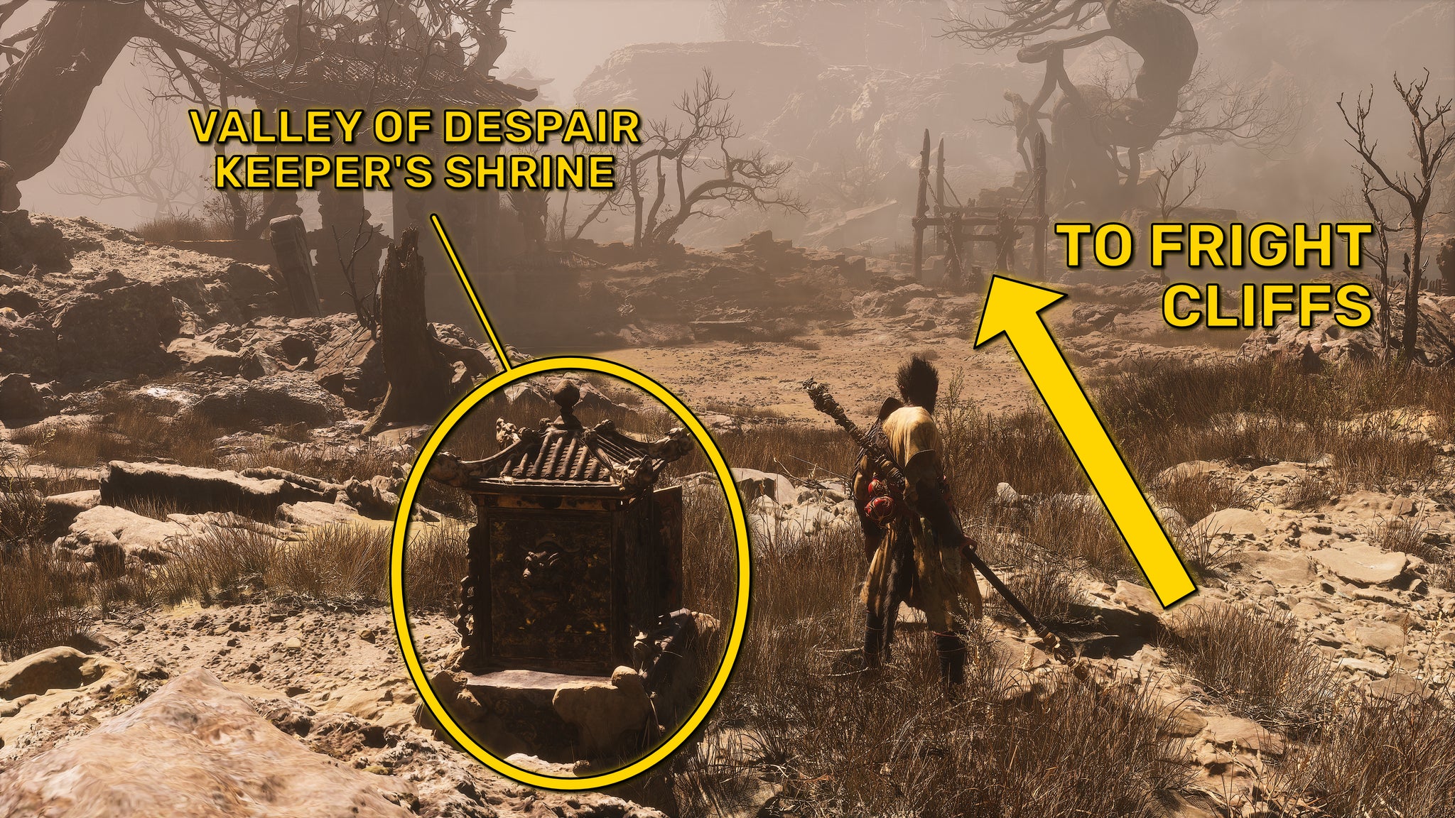 The player in Black Myth: Wukong stands next to the Valley Of Despair Keeper's Shrine. An arrow points towards a nearby bridge and annotates it as the path to the Fright Cliffs. - 4