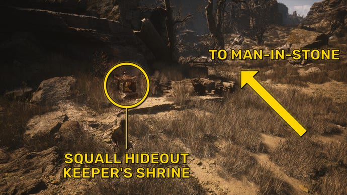 A screenshot of the landscape near the Squall Hideout Keeper’s Shrine in Black Myth: Wukong, with an arrow pointing towards the location of the Man-In-Stone.