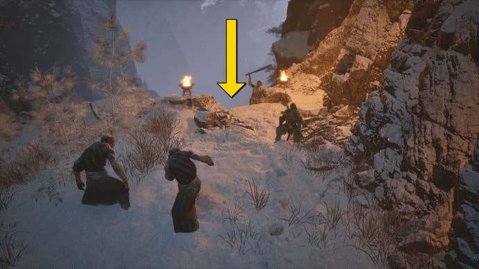 The player in Black Myth: Wukong runs along a path towards the secret Melon Field area in the snow-covered Valley Of Ecstasy.