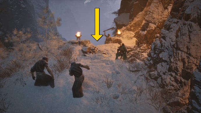 The player in Black Myth: Wukong runs along a path towards the secret Melon Field area in the snow-covered Valley Of Ecstasy.