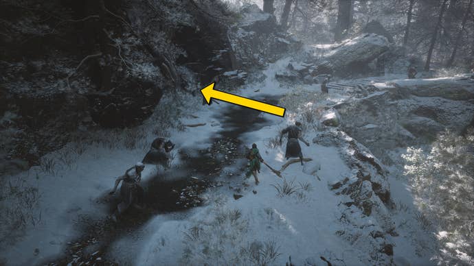 The player in Black Myth: Wukong runs along a path towards the Old Ginseng Guai boss in the snow-covered Valley Of Ecstasy.