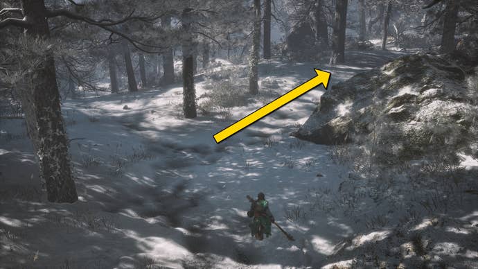 The player in Black Myth: Wukong runs along a path towards the Old Ginseng Guai boss in the snow-covered Valley Of Ecstasy.