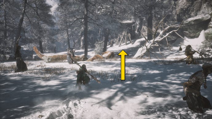 The player in Black Myth: Wukong runs along a path towards the Old Ginseng Guai boss in the snow-covered Valley Of Ecstasy.