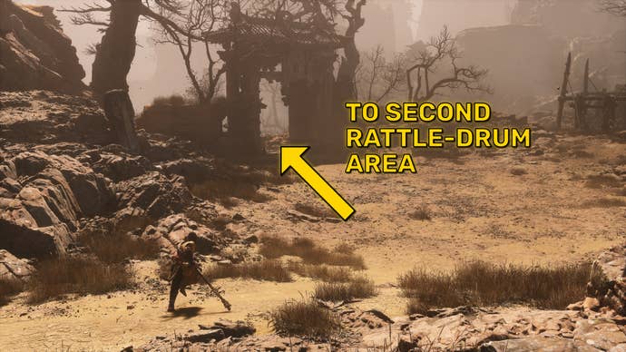 The player in Black Myth: Wukong follows the path towards the second area where the Old Rattle-Drum can be sounded.