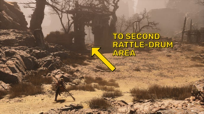 The player in Black Myth: Wukong follows the path towards the second area where the Old Rattle-Drum can be sounded.