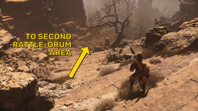 The player in Black Myth: Wukong follows the path towards the second area where the Old Rattle-Drum can be sounded.