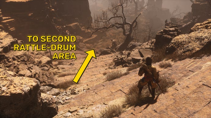 The player in Black Myth: Wukong follows the path towards the second area where the Old Rattle-Drum can be sounded.