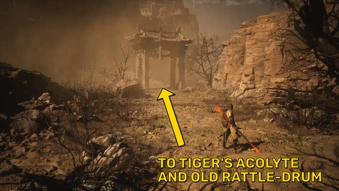 The player in Black Myth: Wukong stands in front of a large arched bridge in the Yellow Wind Formation region of Chapter 2.