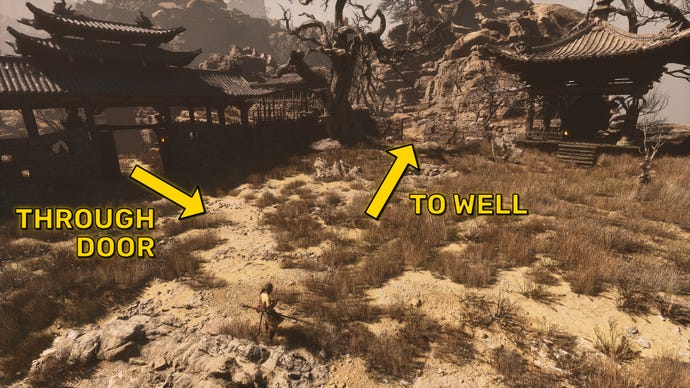 The player in Black Myth Wukong heads in the direction of the well in Sandgate Village.