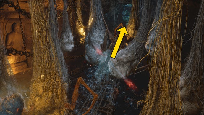 The player in Black Myth: Wukong heads along the path to the Yellow Loong boss in Chapter 4, while yellow arrows point the way down the path.