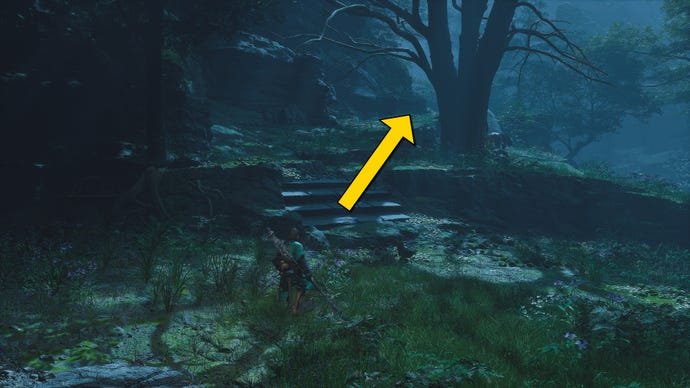 The player in Black Myth: Wukong heads along the path to the Yellow Loong boss in Chapter 4, while yellow arrows point the way down the path.