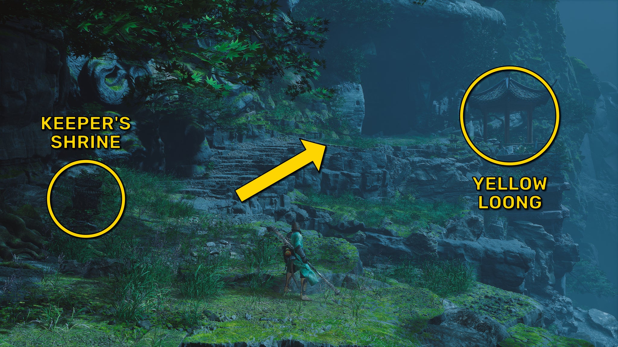 The player in Black Myth: Wukong heads along the path to the Yellow Loong boss in Chapter 4, while yellow arrows point the way down the path. - 16