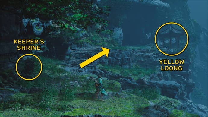 The player in Black Myth: Wukong heads along the path to the Yellow Loong boss in Chapter 4, while yellow arrows point the way down the path.
