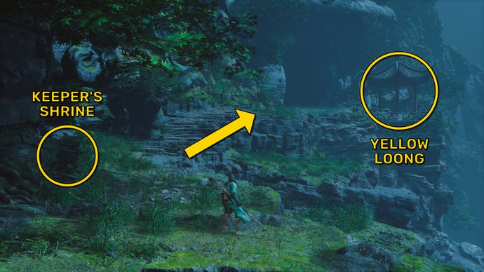 The player in Black Myth: Wukong heads along the path to the Yellow Loong boss in Chapter 4, while yellow arrows point the way down the path.