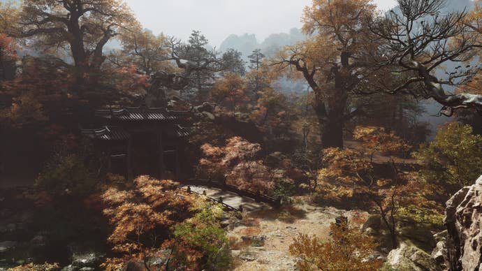 An establishing shot of the Purple Cloud Mountain secret region in Chapter 4 of Black Myth: Wukong.