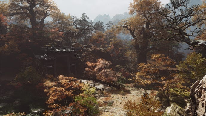 An establishing shot of the Purple Cloud Mountain secret region in Chapter 4 of Black Myth: Wukong.