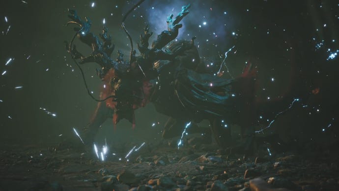 The Red Loong dragon boss emerges from a cloud of lightning and dust in a cutscene in Black Myth: Wukong.
