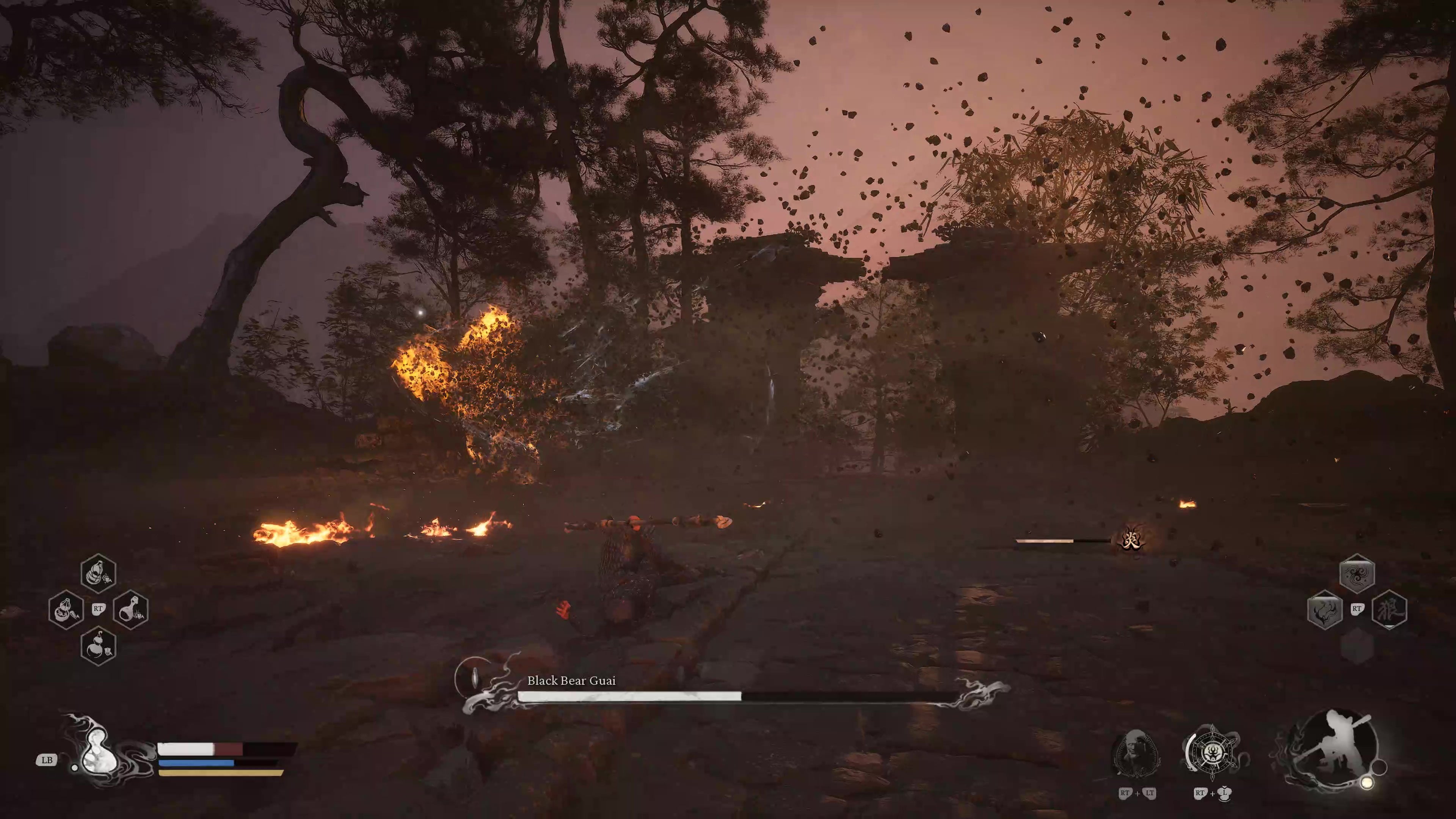 A monkey warrior dodges a flaming cloud in Black Myth Wukong.