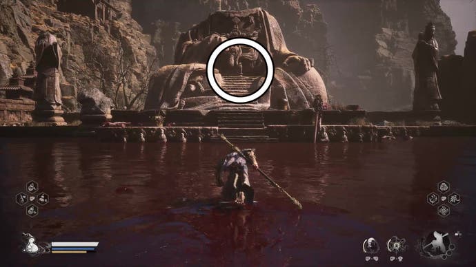 A monkey warrior runs towards a monument through a pool of blood in Black Myth Wukong