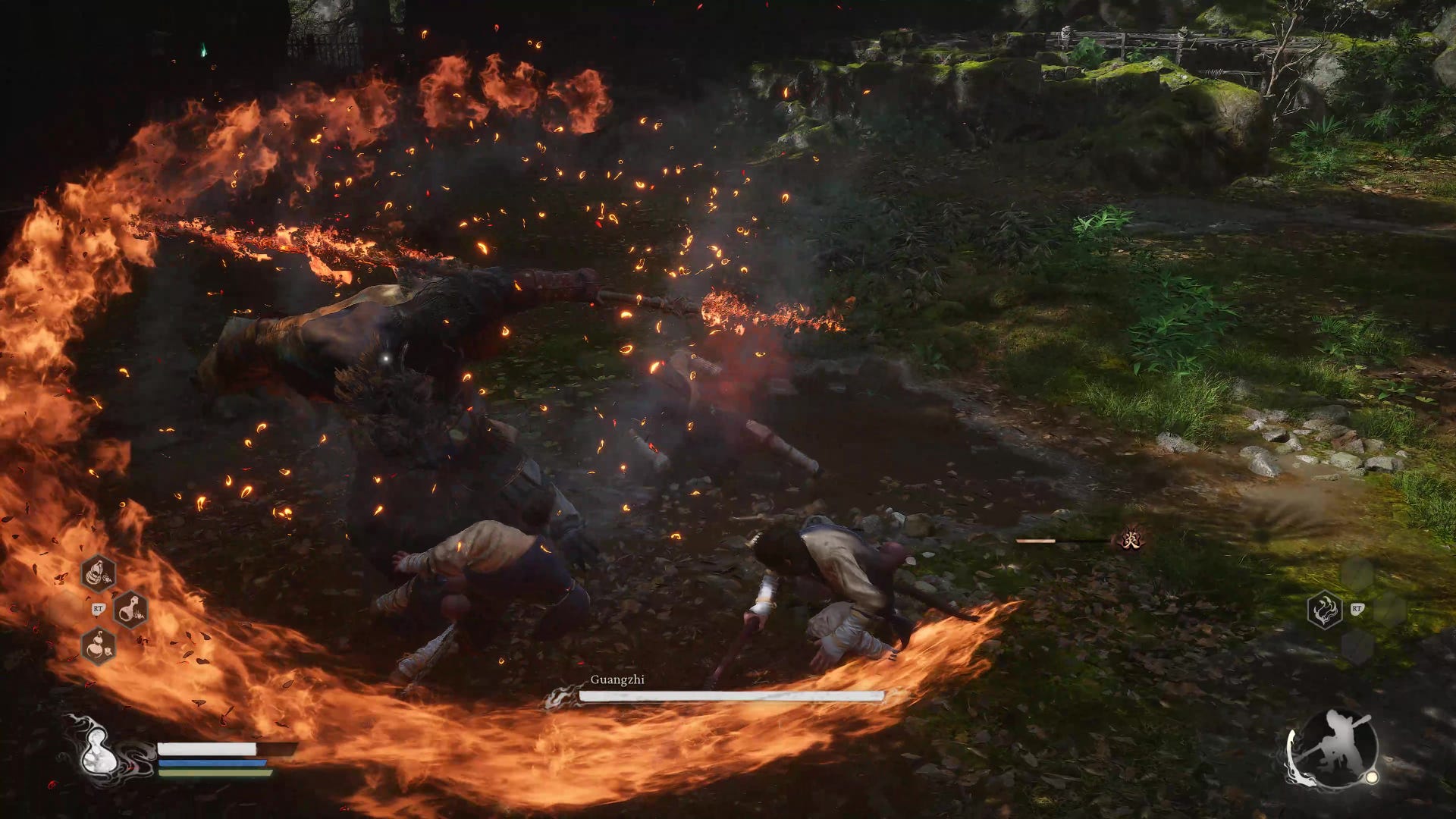 A monkey warrior dodges out the way of a flaming spear attack in Black Myth Wukong.