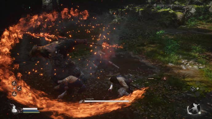 A monkey warrior dodges out the way of a flaming spear attack in Black Myth Wukong.