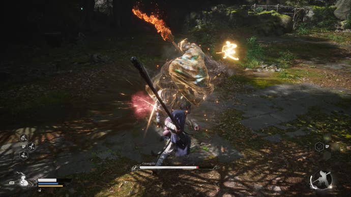 A monkey warrior attacks a wolf warrior in Black Myth Wukong.