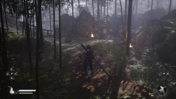 A monkey warrior ascends some stairs in a bamboo forest in Black Myth: Wukong.