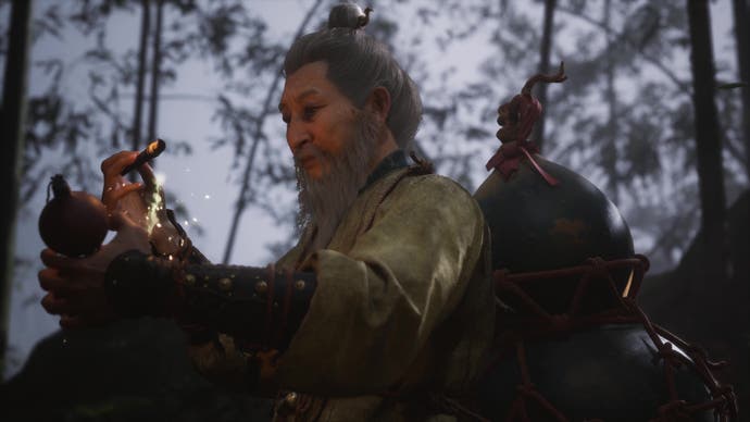 Seorang lelaki tua melukis labu di Black Myth Wukong.