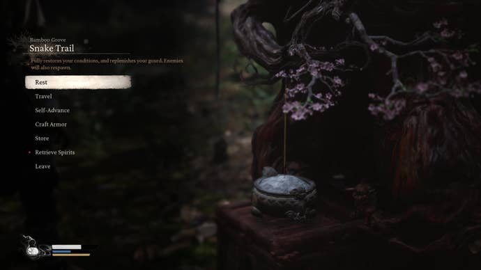 A shrine menu screen from Black Myth Wukong, showing the option to ‘Retrieve Spirits’