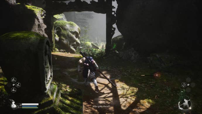 A monkey warrior runs through a wooded path in Black Myth Wukong.