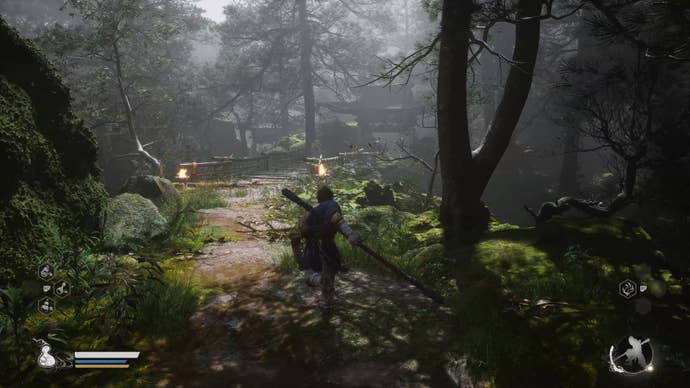 A monkey warrior runs toward a bamboo bridge in a forest in Black Myth Wukong.