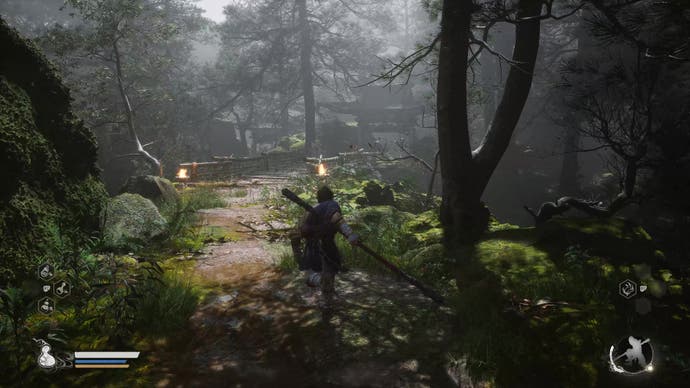 A monkey warrior runs toward a bamboo bridge in a forest in Black Myth Wukong.