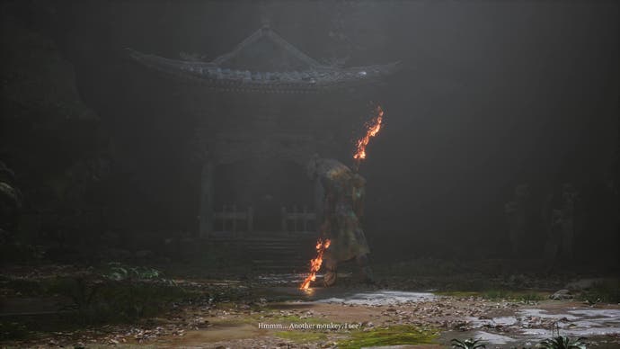 A wolf with a flaming spear stands in front of a large bell in Black Myth Wukong.