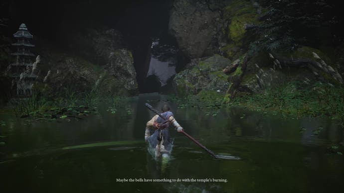 A monkey warrior heads down a narrow, watery path in Black Myth Wukong.
