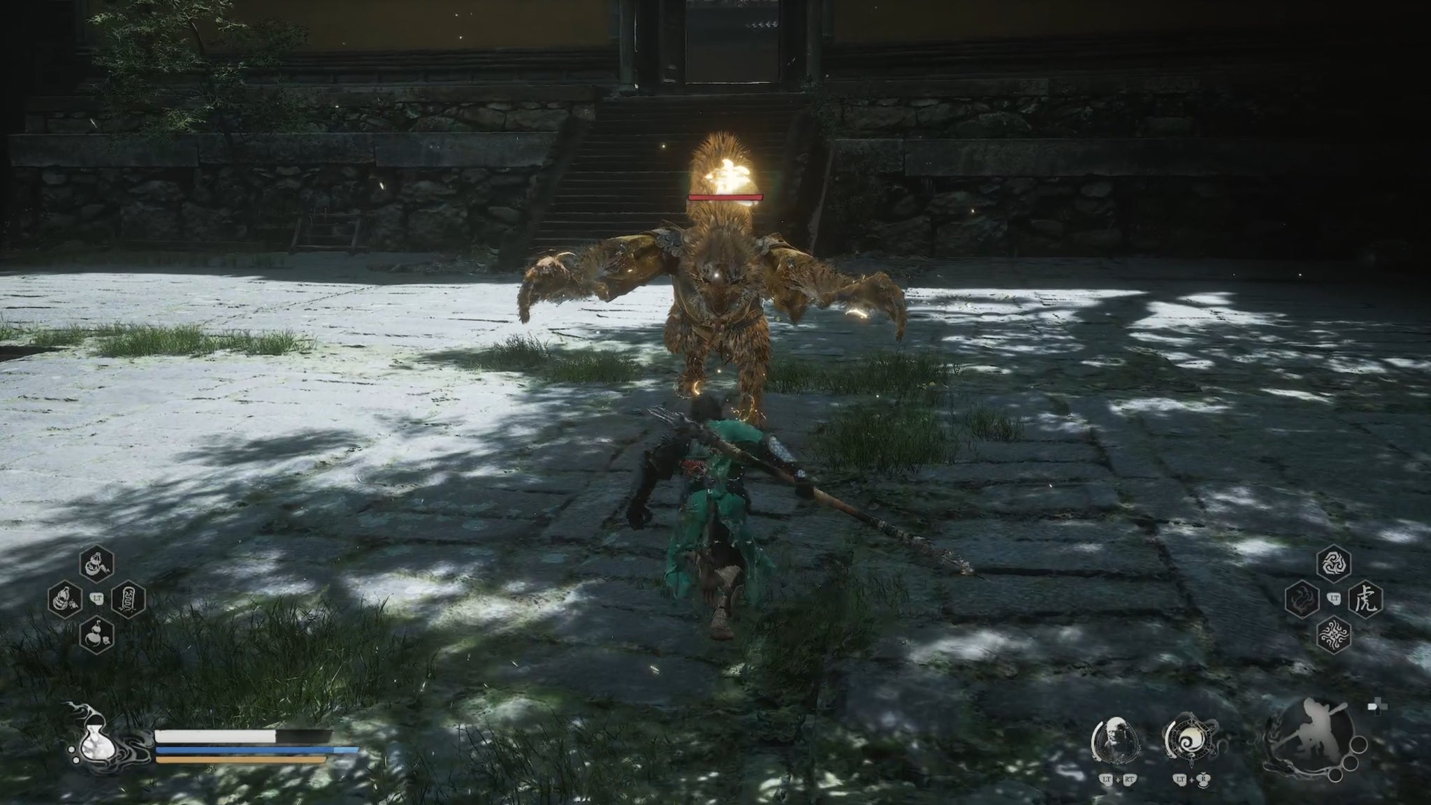 The player in Black Myth: Wukong immobilizes a Snake Sheriff enemy in Chapter 5 as it dives towards them. - 46