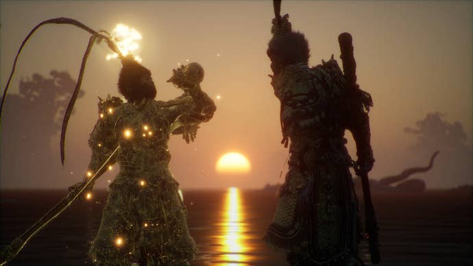 The Great Sage’s Broken Shell, the final boss in Black Myth: Wukong, immobilizes the player as they attempt to drink from their Gourd to heal.