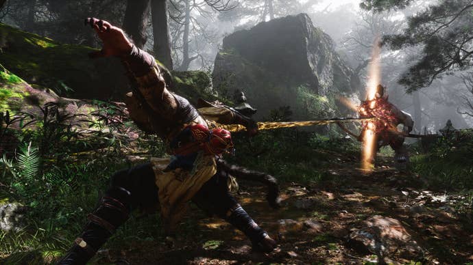 The player in Black Myth: Wukong unleashes a long-ranged attack on an enemy in the Forest Of Wolves using the Thrust Stance.