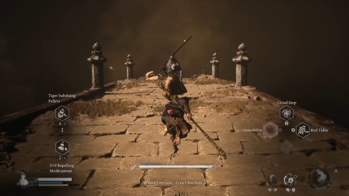 The player in Black Myth: Wukong fights against the Tiger’s Acolyte boss in Chapter 2.