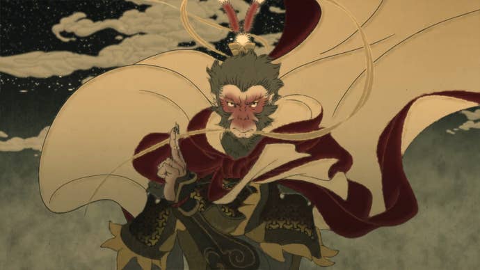 An animated depiction of Wukong in the true ending cutscene of Black Myth: Wukong.