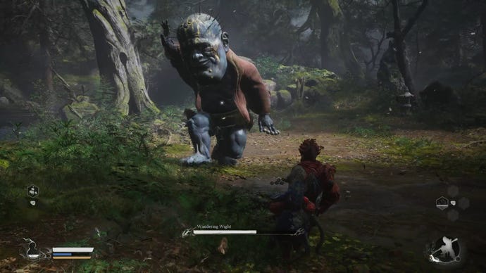 The player in Black Myth: Wukong fights against the Wandering Wight boss in the Forest Of Wolves.