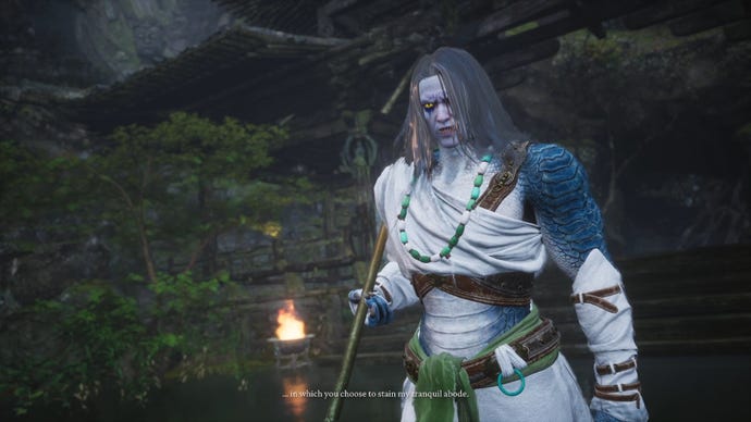 A close-up of the Whiteclad Noble, a character and boss in Black Myth: Wukong.