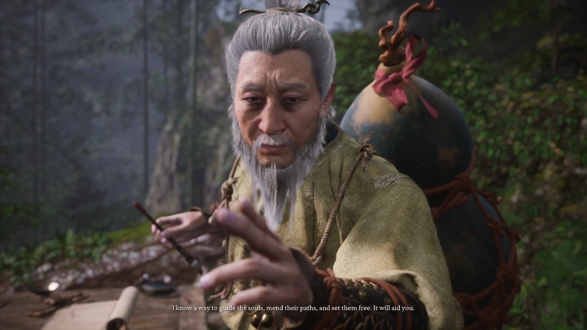 A close-up of an old wise master in Black Myth Wukong speaking to the player during a cutscene. - 3
